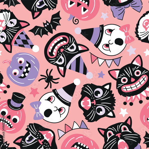 Seamless vector pattern with retro Halloween characters. Hand drawn spooky black cat and Halloween pumpkin illustration. EPS 10 vector file. Perfect for textile, wallpaper or nursery print design.