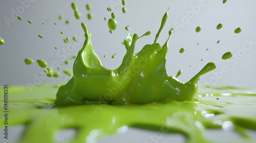 A splash of green paint on a white background. The paint is thick and has a lot of texture, giving the impression of a large splash. The green color is vibrant and bold, creating a sense of energy