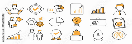 Business Success Icons: Goal Achievement, Teamwork, and Growth Charts