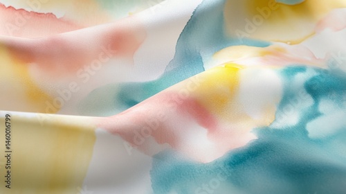 A piece of fabric with a watercolor design on it. The colors are bright and the design is abstract