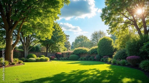 Lush garden landscape with sunny skies and vibrant greenery  
