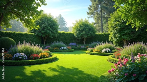 Lush garden landscape featuring vibrant flowers and trees  