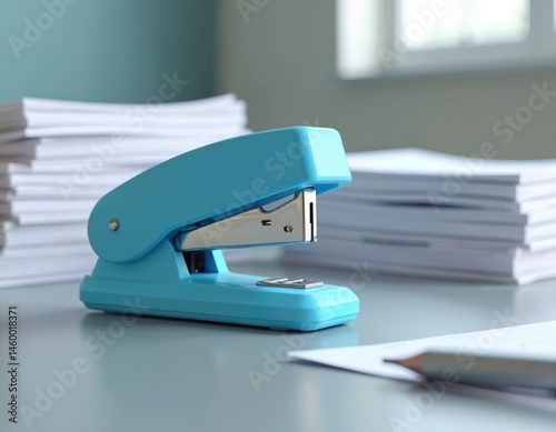 Blue stapler on office desk. Stationary supply, metal tool for paperwork. School, office, business equipment. Closeup with paper stacks in soft focus, pencil. Workplace, modern design, nobody.
