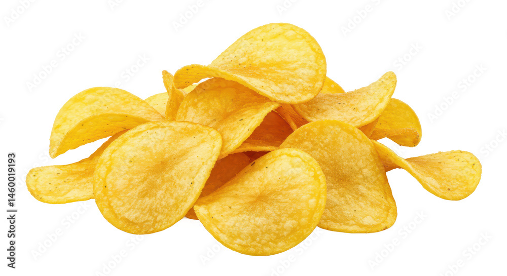A close up shot displaying a pile of golden yellow potato chips stacked unevenly on a plain background view A close up shot displaying a pile of golden yellow potato chips stacked unevenly on a plain background view