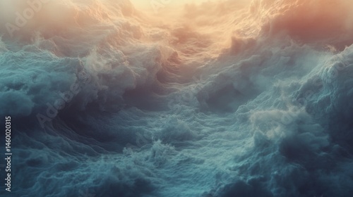The image is a beautiful depiction of a stormy ocean with a large waves. The sky is filled with clouds, and the water is a deep blue color