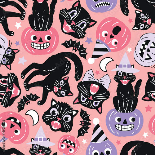 Seamless vector pattern with retro Halloween characters. Hand drawn spooky black cat and Halloween pumpkin illustration. EPS 10 vector file. Perfect for textile, wallpaper or nursery print design.