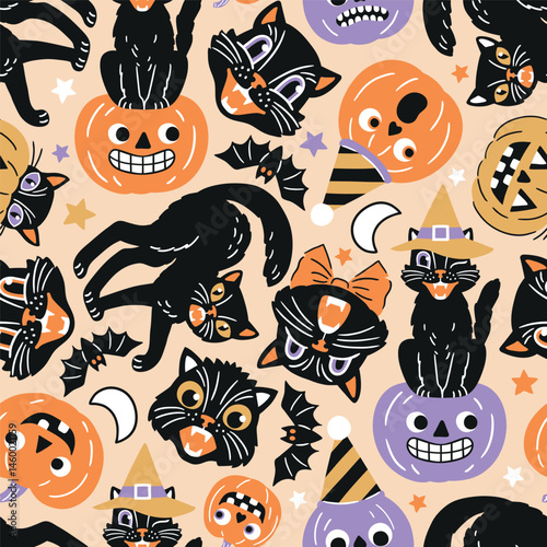 Seamless vector pattern with retro Halloween characters. Hand drawn spooky black cat and Halloween pumpkin illustration. EPS 10 vector file. Perfect for textile, wallpaper or nursery print design.