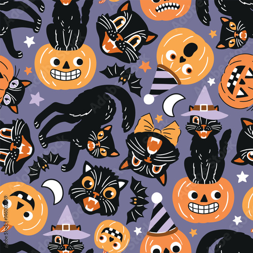 Seamless vector pattern with retro Halloween characters. Hand drawn spooky black cat and Halloween pumpkin illustration. EPS 10 vector file. Perfect for textile, wallpaper or nursery print design.