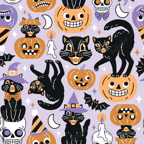 Seamless vector pattern with retro Halloween characters. Hand drawn spooky black cat and Halloween pumpkin illustration. EPS 10 vector file. Perfect for textile, wallpaper or nursery print design.