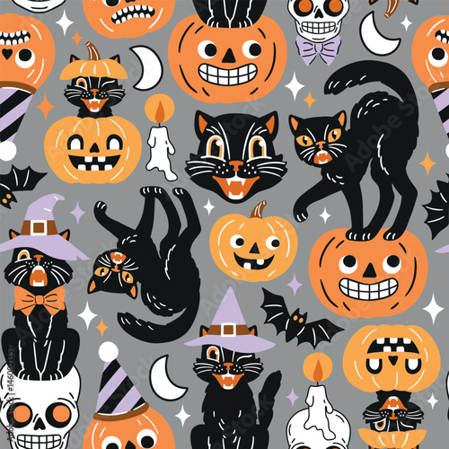 Seamless vector pattern with retro Halloween characters. Hand drawn spooky black cat and Halloween pumpkin illustration. EPS 10 vector file. Perfect for textile, wallpaper or nursery print design.