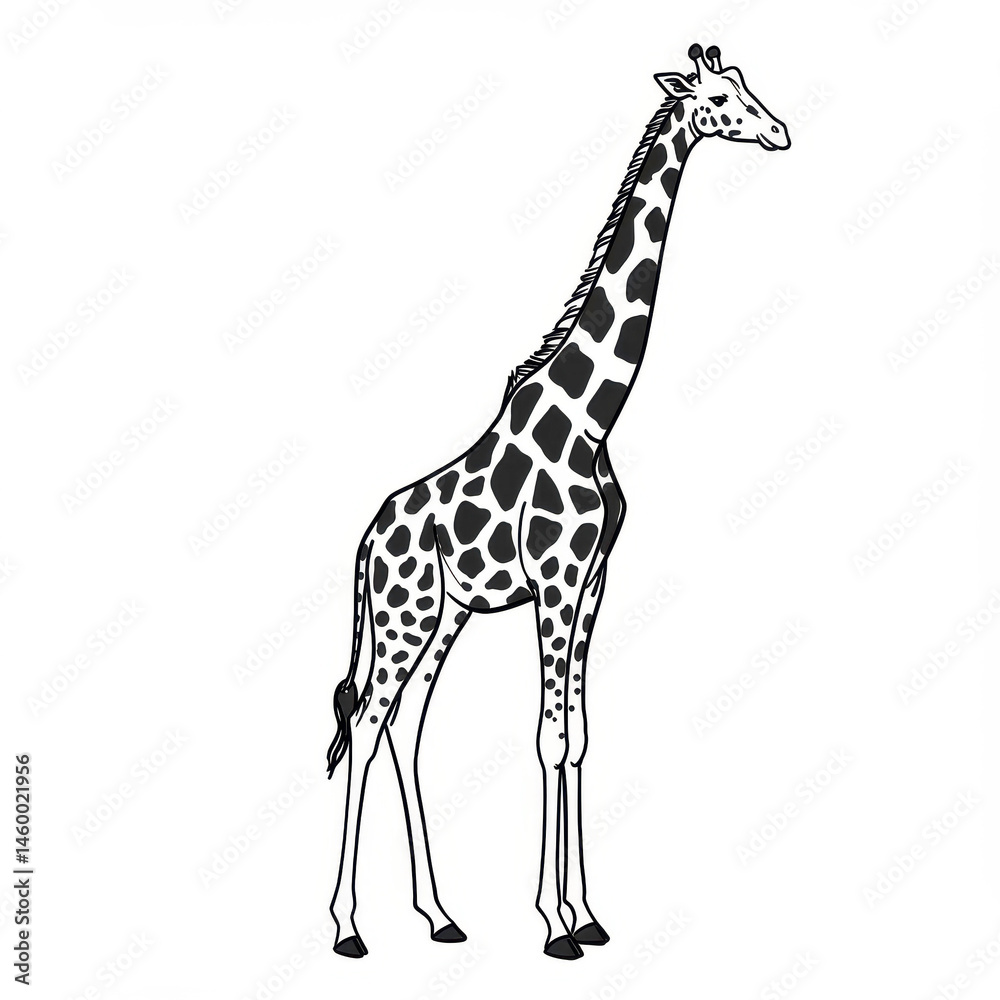 Stylized drawing of a giraffe showcasing its long neck and distinctive patterns in black and white
Stylized drawing of a giraffe showcasing its long neck and distinctive patterns in black and white
