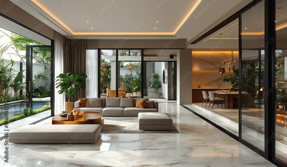Fototapeta premium Modern living room, tropical garden view, poolside relaxation, interior design