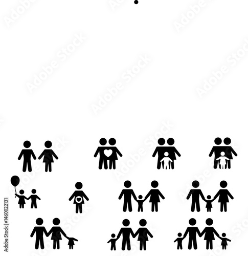Family, relationship icon set. Vector glyph pictograms of couple, parent, child, elderly people, parenting, community, single mother, social care black silhouette illustration