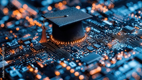 Graduation cap atop circuit board.  A symbol of technological education