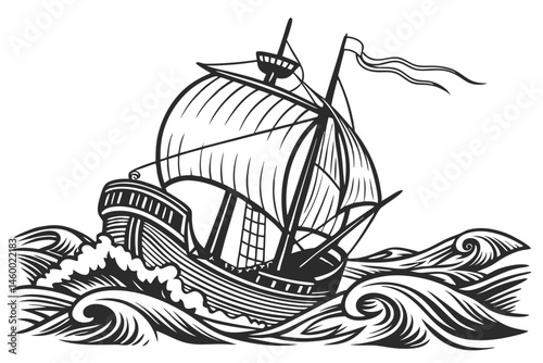 51 Detailed black and white illustration, vintage sailing ship, woodcut style, intricate linework, high contrast, nautical theme, waves, single mast, billowing sails, old-fashioned vessel, maritime ar