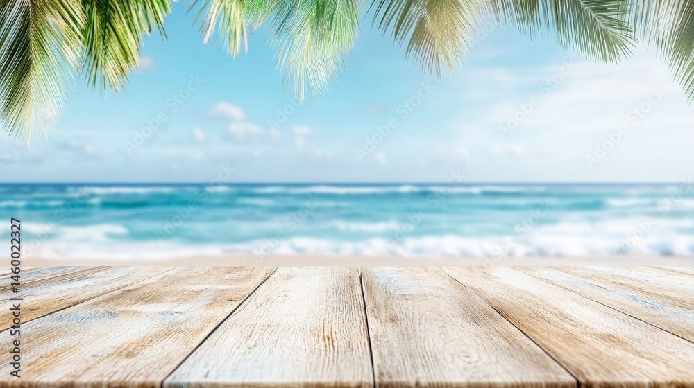 Fototapeta premium Wooden Table on a Beach with Palm Leaves and Ocean View