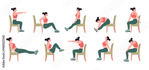Chair stretching exercises set. woman doing fitness and yoga exercises with chair.