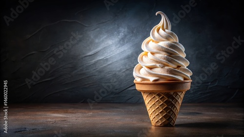 A Soft Serve Ice Cream Cone With a Whipped Cream Topping, Sitting on a Wooden Table With a Dark Background