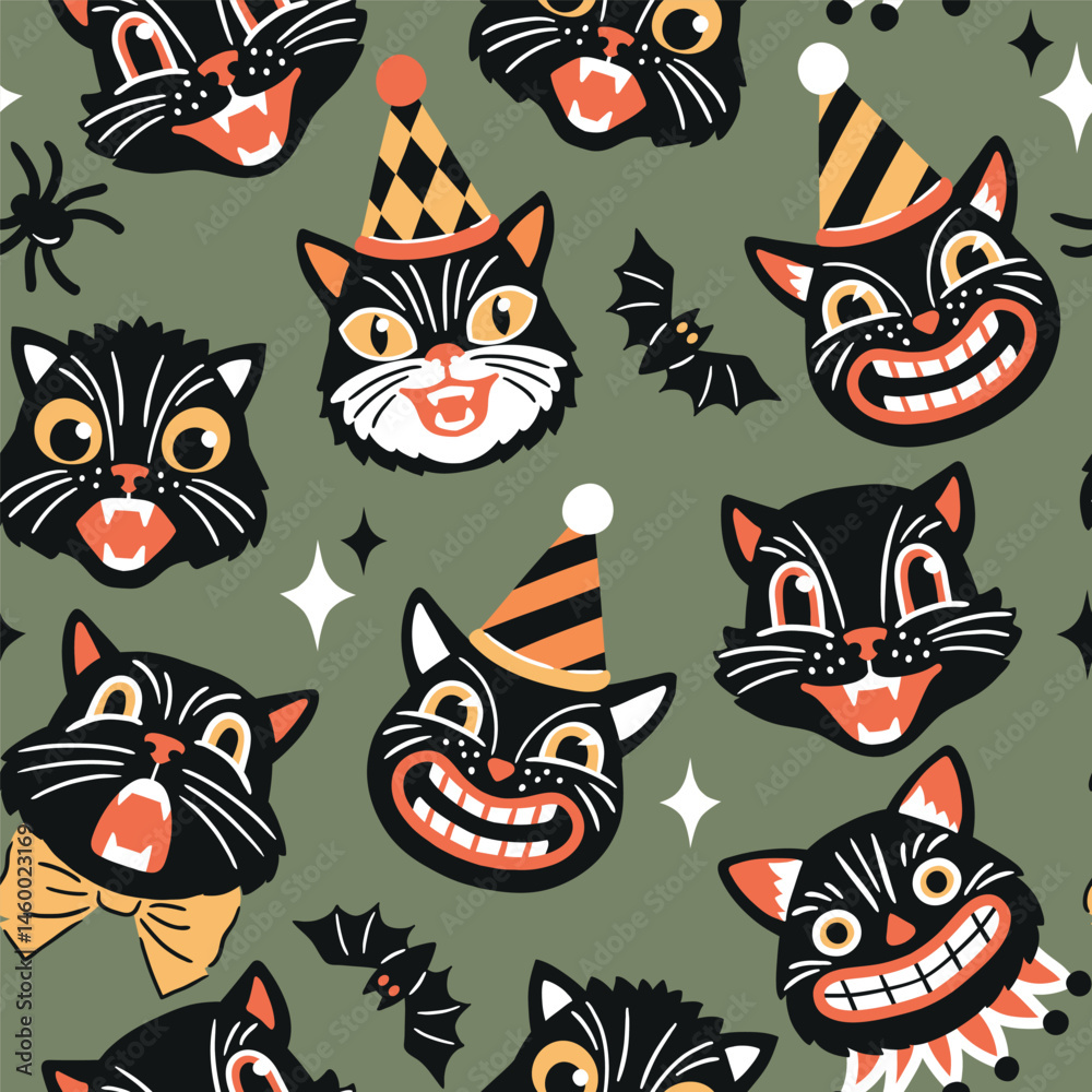 Obraz premium Seamless vector pattern with retro Halloween characters. Hand drawn spooky black cat and Halloween pumpkin illustration. EPS 10 vector file. Perfect for textile, wallpaper or nursery print design.