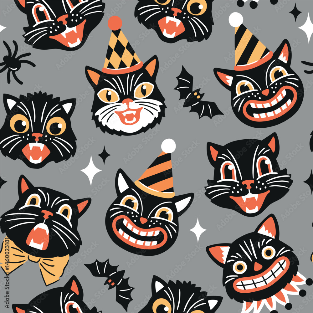 Obraz premium Seamless vector pattern with retro Halloween characters. Hand drawn spooky black cat and Halloween pumpkin illustration. EPS 10 vector file. Perfect for textile, wallpaper or nursery print design.