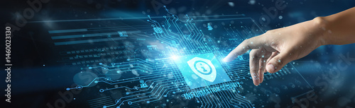 A businessman touches an information security icon, highlighting the protection of data from unauthorized access and destruction to maintain the confidentiality and availability of information.