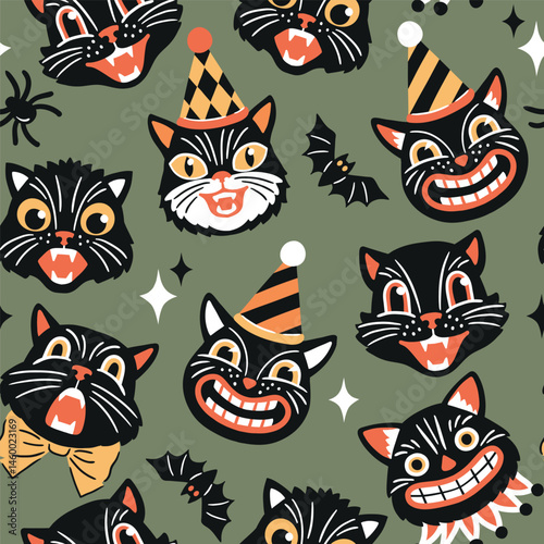 Seamless vector pattern with retro Halloween characters. Hand drawn spooky black cat and Halloween pumpkin illustration. EPS 10 vector file. Perfect for textile, wallpaper or nursery print design.