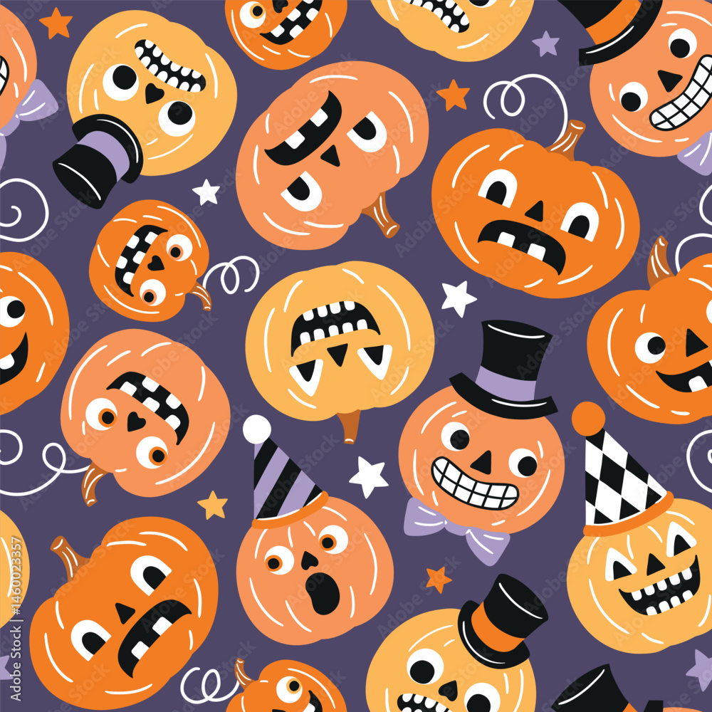 Fototapeta premium Seamless vector pattern with cute retro Halloween pumpkins. EPS 10 vector file. Perfect for textile, wallpaper or nursery print design.