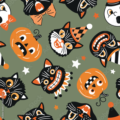 Seamless vector pattern with retro Halloween characters. Hand drawn spooky black cat and Halloween pumpkin illustration. EPS 10 vector file. Perfect for textile, wallpaper or nursery print design.