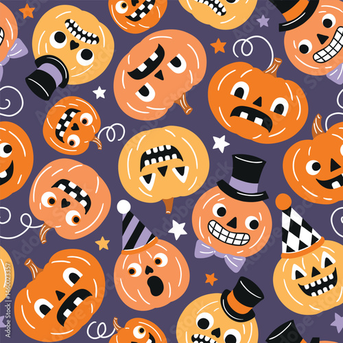 Seamless vector pattern with cute retro Halloween pumpkins. EPS 10 vector file. Perfect for textile, wallpaper or nursery print design.