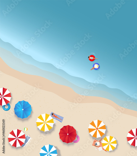 Beach with bright umbrellas and people swimming and sunbathing