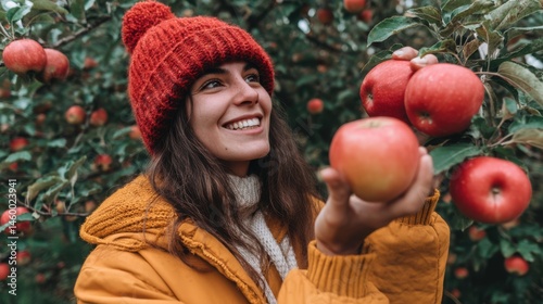 Woman in Red Knit Cap Holding a Red Apple in Orchard Surrounded by Apple Trees Harvest