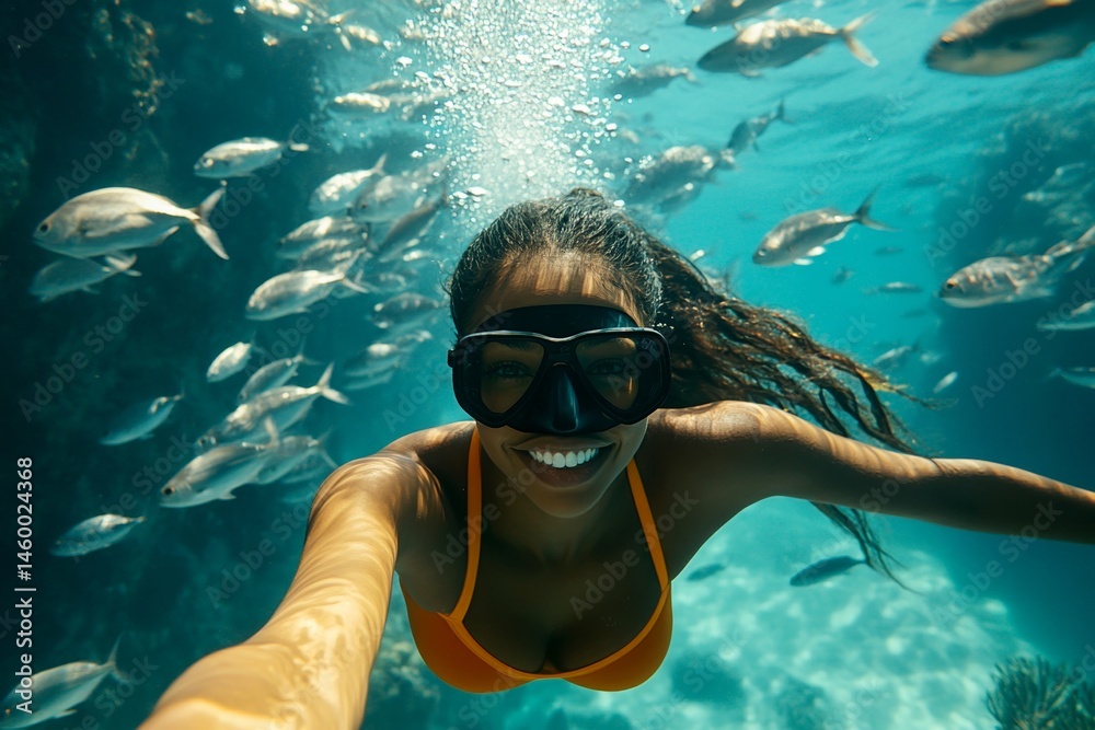 Fototapeta premium A dense school of silver fish swims next to her. Safe snorkeling for beginners. Close-up of tropical fish. Woman floating in clear water. Snorkeling in paradise. Bright commercial style imag.