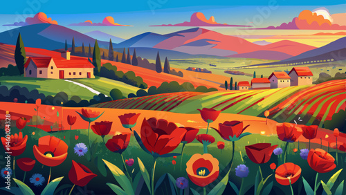field with red poppies in village outskirts. mountainous countryside landscape with flowers in summer. blooming rural scenery of ukraine in evening light. blurred background