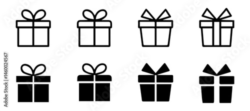 Gift box icon set. Present gift box tied, open, and sparkle for christmas, birthday, valentine, wedding event, party, celebration, and achievement success. Vector illustration