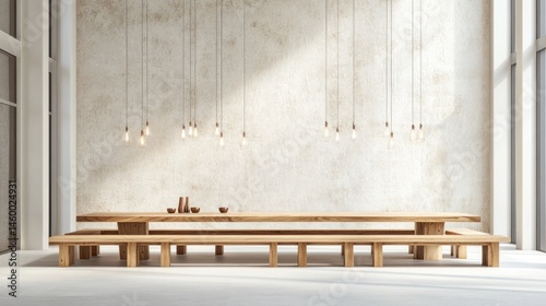 Wooden table centerpiece in light room. Modern design for interior design