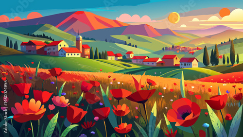 field with red poppies in village outskirts. mountainous countryside landscape with flowers in summer. blooming rural scenery of ukraine in evening light. blurred background