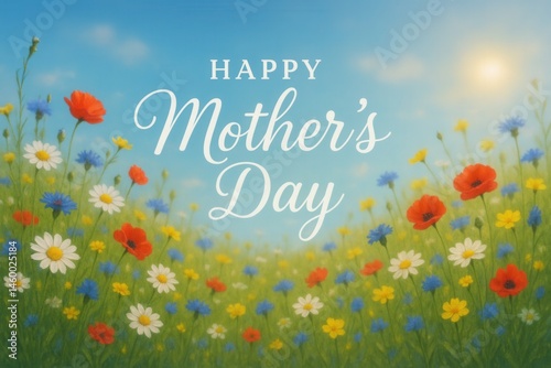 Happy mother's day greeting card with colorful wildflower meadow and blue sky