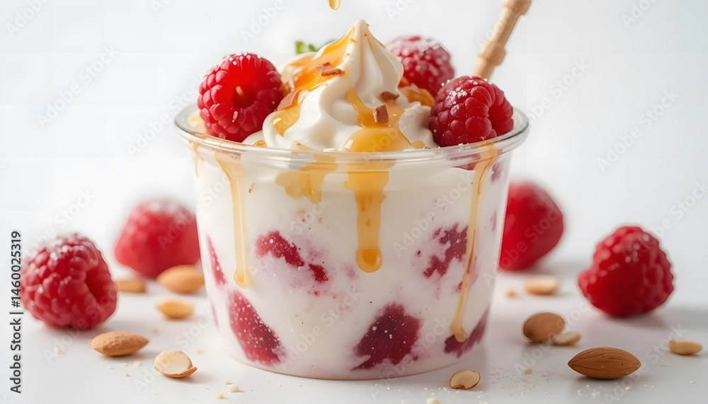Macro shot of a frozen yogurt cup with raspberries, almonds, and a drizzle of honey, refreshing look, isolated on white
Macro shot of a frozen yogurt cup with raspberries, almonds, and a drizzle of honey, refreshing look, isolated on white