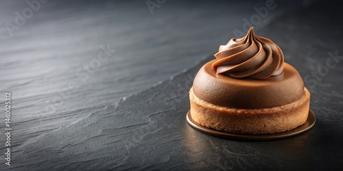 A single chocolate mousse tart with a swirl of cream on top, sitting on a black slate surface.
