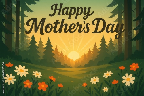 Happy mother's day greeting card with sunrise illuminating forest and flowers