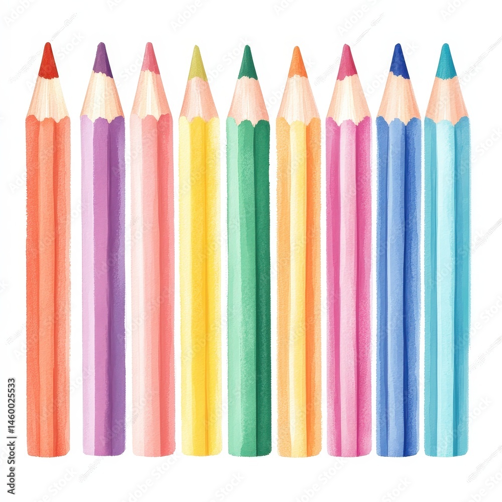 Nine colorful pencils are arranged vertically in a neat row on a white background. Nine colorful pencils are arranged vertically in a neat row on a white background.