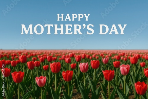 Happy mother's day greeting card with red and pink tulips field and blue sky