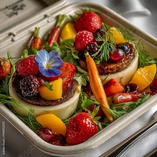 The to go container of food is packed with fresh produce. There are cylindrical stacks, one topped with a flower, and various colorful fruits. Small greens are visible