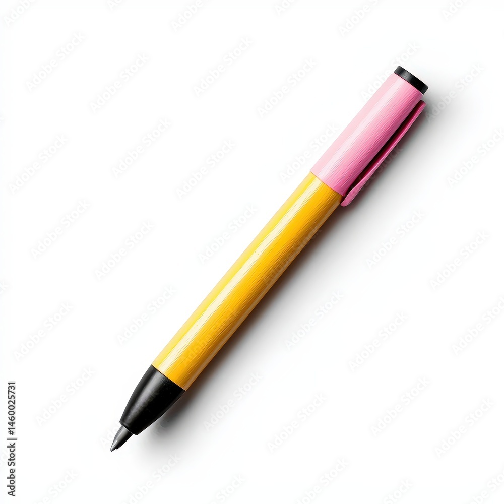 A yellow and pink ballpoint pen with a black tip and clip, photographed on a white background. A yellow and pink ballpoint pen with a black tip and clip, photographed on a white background.