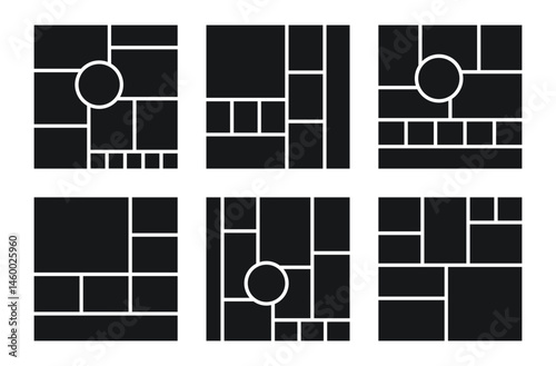Mood board grid. Collage layouts. Moodboard banner. Social media template. Square gallery mockup. Montage photo images. Mosaic pictures album layout. Set photomontage frames. Vector illustration.