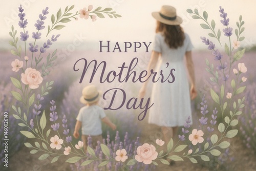 Mother and child walking in lavender field celebrating mother's day