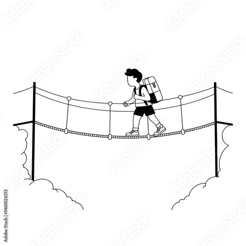 Boy hiking across a suspension bridge in a forest landscape