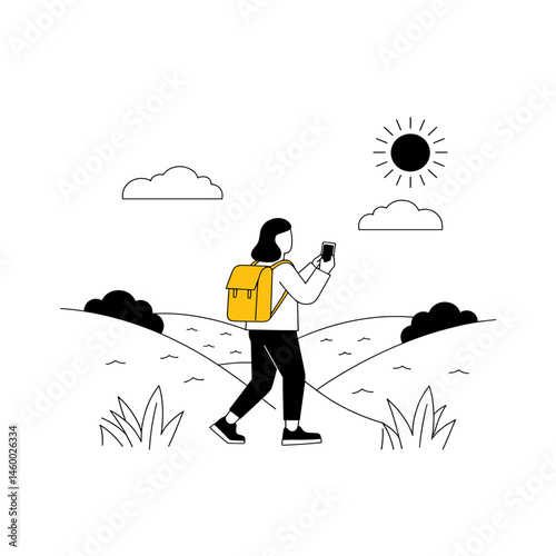 Woman walking with smartphone and yellow backpack in nature