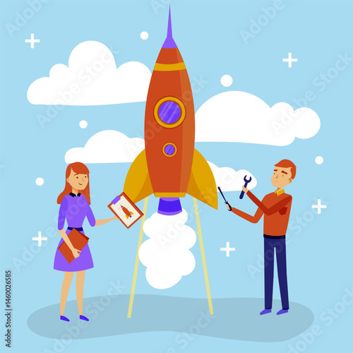Entrepreneur business idea creating startup company, start new business with creativity, innovation, company founder, inventor or development, businessman connect lightbulb idea with launching rocket