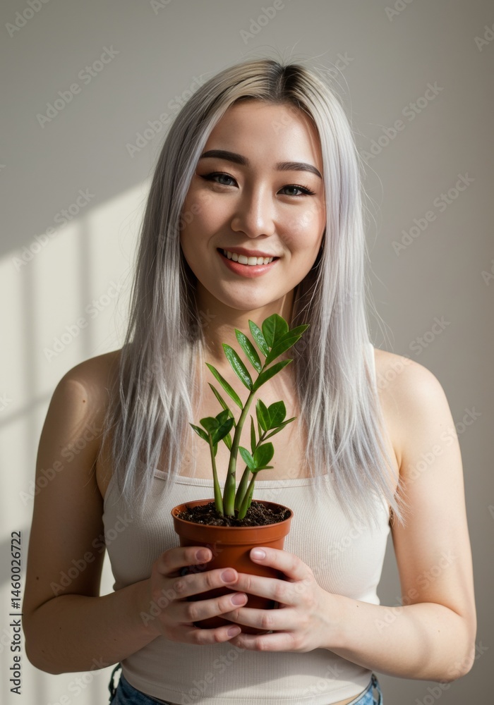 Woman Holding Potted Plant Smiling Indoors with Natural Light Woman Holding Potted Plant Smiling Indoors with Natural Light